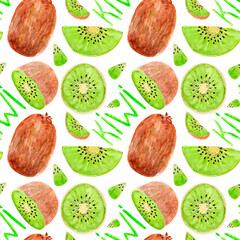 Watercolor seamless summer fruit pattern, bright kiwi, cut and half of kiwi, simple lettering on a white background.