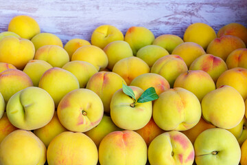 Many yellow peaches with appetizing appearance placed in a container box.