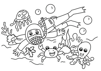 children are diving in the sea with fish coloring page for kids vector