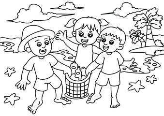 children collect trash in the sea coloring page for kids vector