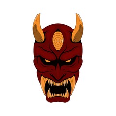 Oni Traditional Japanese Demon Mask With Red Skin,Gold Eyes and Gold Horn Illustration. Mask Designs for T-shirts, Tattoos, Stickers, Gaming Logos or Posters