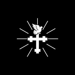 Graphic cross and dove logo isolated on dark background
