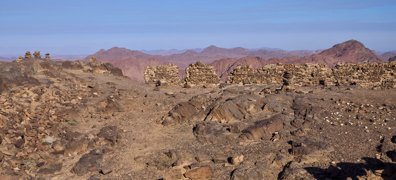 View from the Jebel Abbas Pasha toward the mount Sinai, the sacred place for three religions: Christianity, Judaism, Islam. Ruins of an unfinished palace of Egypt&rsquo;s viceroy Abbas Pasha at foreground.