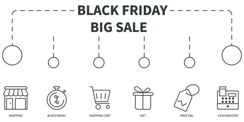 Black Friday Big Sale Vector Illustration concept. Banner with icons and keywords . Black Friday Big Sale symbol vector elements for infographic web