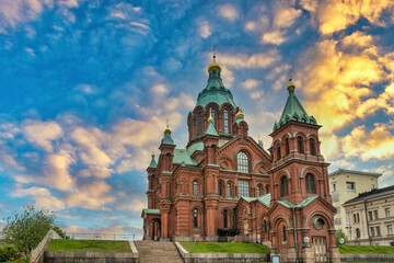 Fototapeta na wymiar Helsinki Finland, sunrise city skyline at Uspenski Cathedral