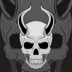 Human Head Skull with long horn Illustration Tattoo Template.Designs Concept for T-shirts, Tattoos, Stickers, Gaming Logos or Posters.