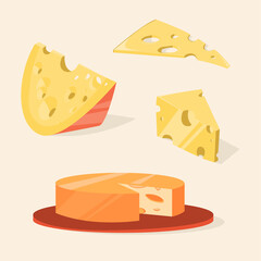 Swiss cheese slices with holes isolated on white background. Composition with cheeze pieces. Flat vector illustration of holland milk chees.