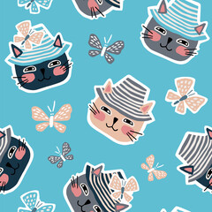 A cat in a panama hat among butterflies. Cute childish flat illustration in gentle blue tones. Seamless vector pattern for fabrics, wallpapers, wrapping paper.