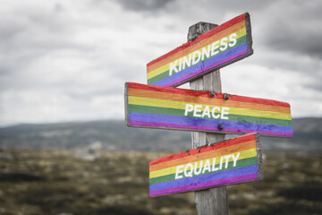 kindness peace equality text quote on wooden signpost crossroad outdoors in nature. Freedom and lgbtq community concept.