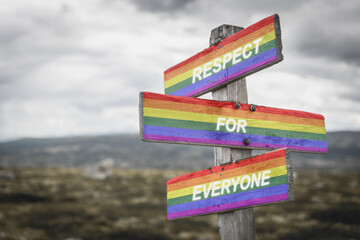 respect for everyone text quote on wooden signpost crossroad outdoors in nature. Freedom and lgbtq community concept.