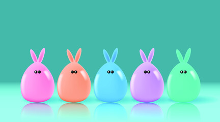 Happy Easter illustration with color bunnies. Festive 3d Plastic figures of rabbits