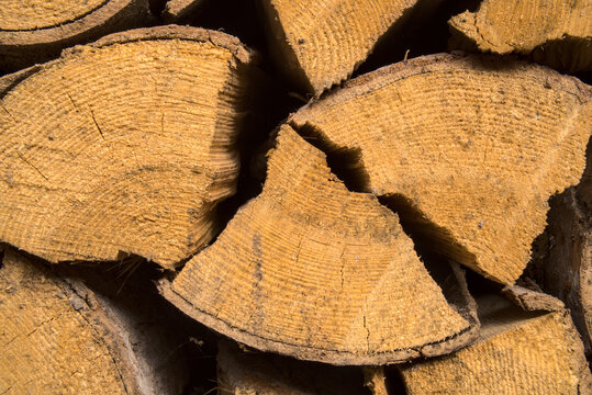 Background with stacked pieces of wood. Dominant yellow dry logs, natural fuel for heating, firewood. Pieces of pine and fir to burn.