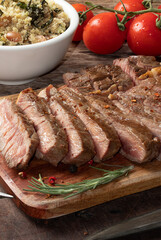 Sliced grilled beef. Selective focus.