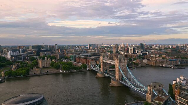 Aerial view over Tower Bridge and River Thames in London at sunset - travel photography