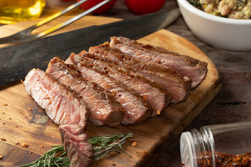Delicious barbecue, grilled beef. Selective focus.
