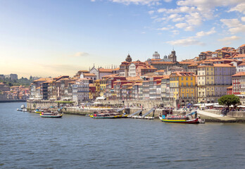 Panoramic view of Old city of Porto and Ribeira over Douro river. Porto, Portugal