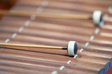 Close up of Thai old music instrument vintage classical wooden xylophone