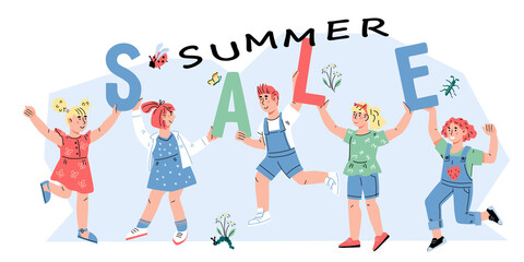 KIds fashion summer sale banner or poster template for online shop and store, flat vector illustration. Sale banner with cartoon children characters.