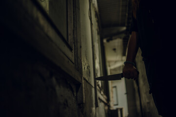 The shadow of a female murderer stood with a knife in a terrifying wasteland, illuminated from...