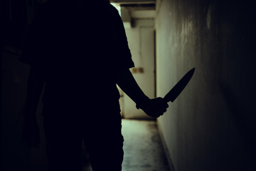 The shadow of a female murderer stood terrifyingly holding a knife and lit from behind.Scary horror or thriller movie mood or nightmare at night Murder or homicide concept. - obrazy, fototapety, plakaty