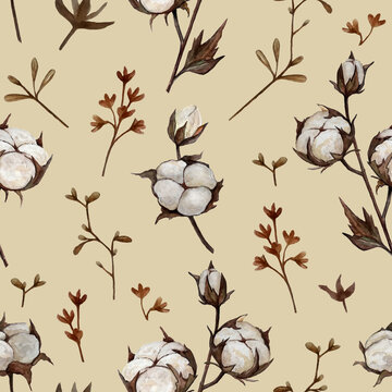 Watercolor seamless pattern with the cotton plant on beige background. Hand-drawn illustration in boho style. Perfect for cards, invitations, wrapping, and children's textile.