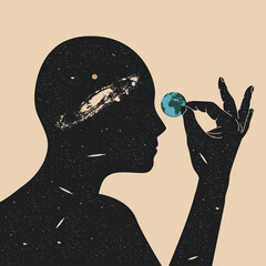 Conceptual illustration of the universe or god or supreme mind or creator with human silhouette with starry cosmos texture holding earth planet. Vector illustration