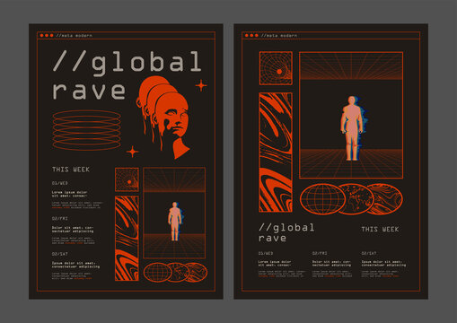 Abstract retro futuristic rave music party poster of flyer design templates with abstract sci-fi elements on black background. Vector illustration