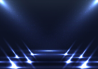 Empty fashion runway stage blue scene background with walkway spotlights and dust particles