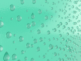 緑色のプラスチック樹脂製の壁に水滴の3Dイラストレーション。無数の水滴。結露した壁。