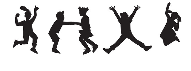 Black silhouettes set of jumping up children boys and girls, vector illustration isolated on white background. Happy cheerful kids jumping for joy. Black outline shapes bundle for design.