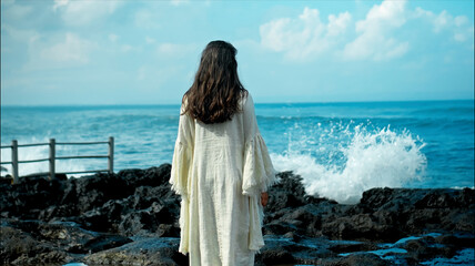 A young European girl with long black hair and a white robe walks to Water blow with cliffs and strong waves of seawater with clouds and blue sea