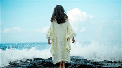 A young European girl with long black hair and a white robe walks to Water blow with cliffs and strong waves of seawater with clouds and blue sea