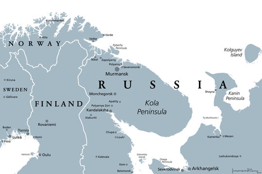 Murmansk Oblast, Kola Peninsula, gray political map. Federal subject of Russia, part of Lapland region, bordering Norway and Finland. With Murmansk, most important port city of Russia on Arctic Ocean.