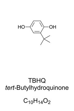 TBHQ, tert-Butylhydroquinone, chemical formula and structure. Also tertiary butylhydroquinone, a synthetic organic compound. E319, used as preservative for unsaturated vegetable oils and animal fats.