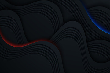 Black abstract wavy background with blue and red light decoration