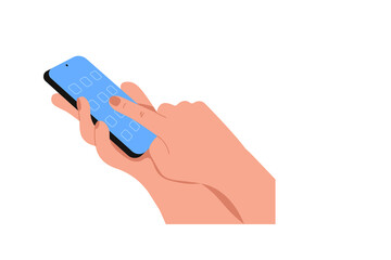 Human hand holding a smartphone, touching the blank screen by finger
