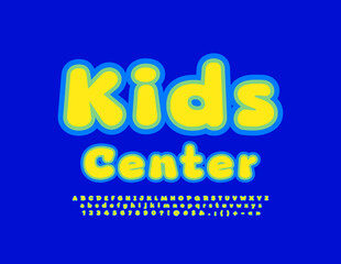 Fototapeta premium Vector creative banner Kids Center. Bright Children's Font. Artistic Alphabet Letters and Numbers.