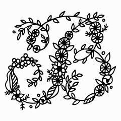 Uppercase letter B hand drawn. Letter decorated with flowers. Decorative handmade font. English alphabet. Doodles font from ornamental flowers - letter B. Black and white.