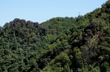 A power line with pylons and cables climbs up the mountain