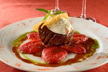 Heart of mignon with buffalo ricotta mousseline potato and candied tomato