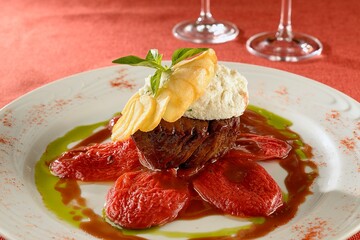 Heart of mignon with buffalo ricotta mousseline potato and candied tomato