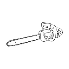 Doodle illustration of a chainsaw. Gardening power tools. The cutting of trees. Building tool.