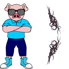 standing pig teen cartoon with sunglasses hipster style in vector format