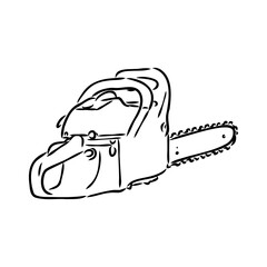 Doodle illustration of a chainsaw. Gardening power tools. The cutting of trees. Building tool.