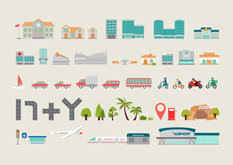 Map element illustration vector icon set including house, tree, building, transportation and infrastructure icons