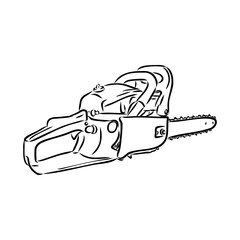 Doodle illustration of a chainsaw. Gardening power tools. The cutting of trees. Building tool.