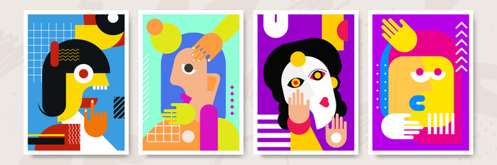 Abstract pop art collage surrealism face design vector illustration. Designed for NFT, token, wallpaper, poster, crypto, punk, aesthetic poster. NFT token in crypto artwork for blockchain digital art - obrazy, fototapety, plakaty