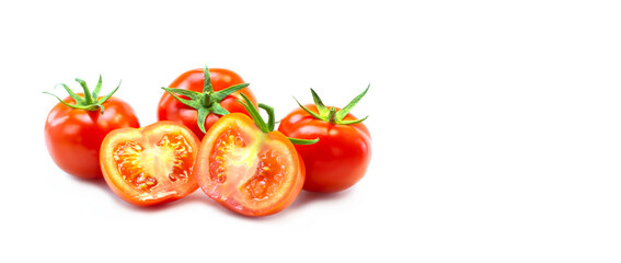 Fresh red tomatoes on a white background. Close-up, design, banner.