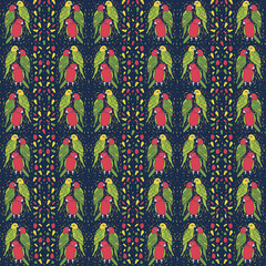 Vector seamless pattern with lovebirds. Hand drawn design with colorful parrots.