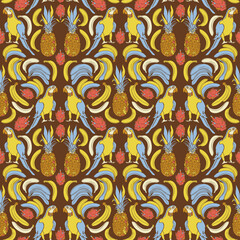 Vector seamless pattern with parrots and tropical fruits. Hand drawn design with ara, bananas, pineapples and dragon fruits.